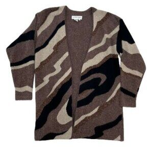 Outlander Lambswool Angora Brown Tan Metallic Petite Open Front Cardigan - EUC